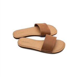 Women's Synthetic Leather Slide Sandal 8 Tan Comfort Slip On Wedge Rubber
